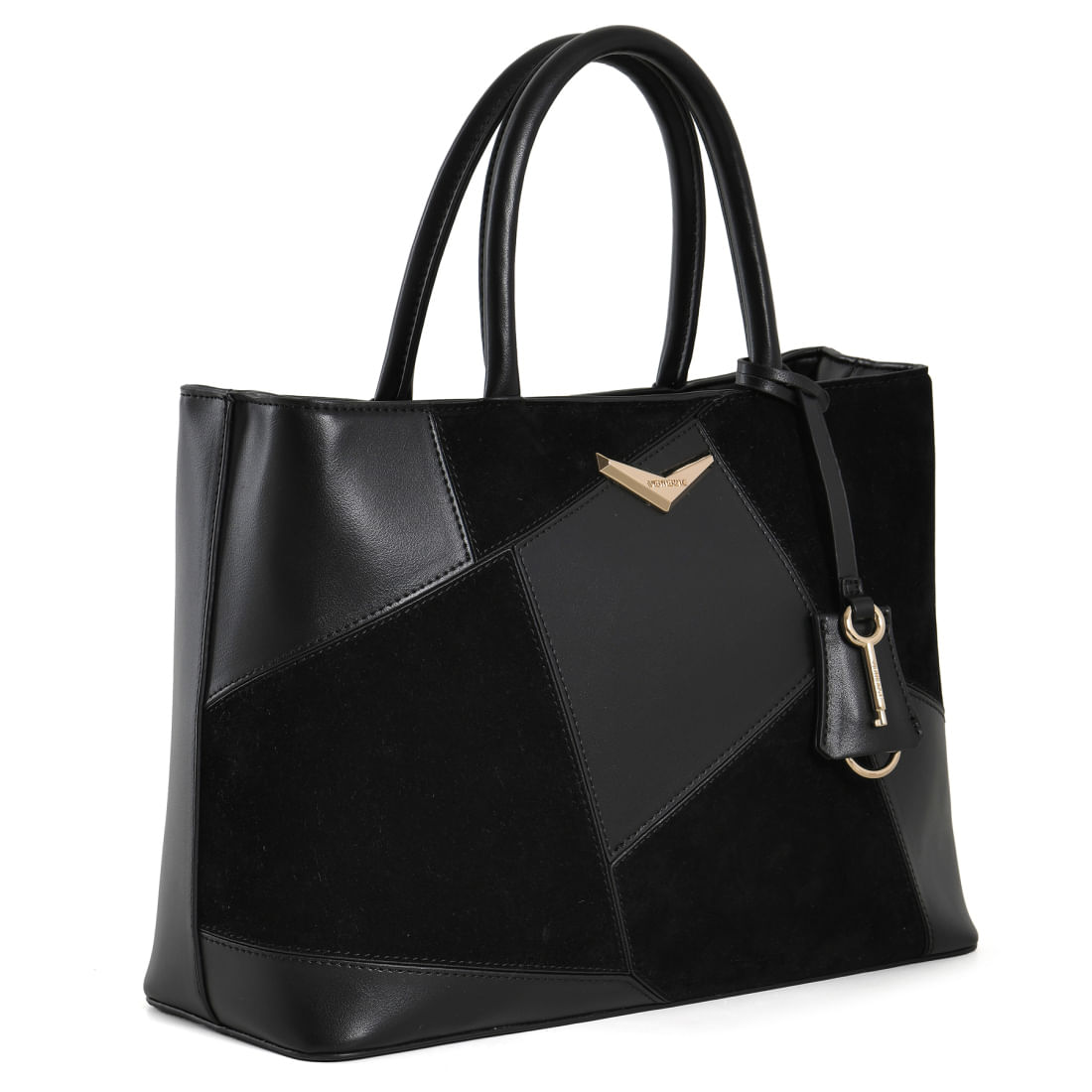 Bolsa Tote Via Marte preta com design geométrico e alça transversal ajustável em destaque
